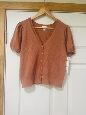Rust Puff-Sleeve V-Neck Button-Front Sweater